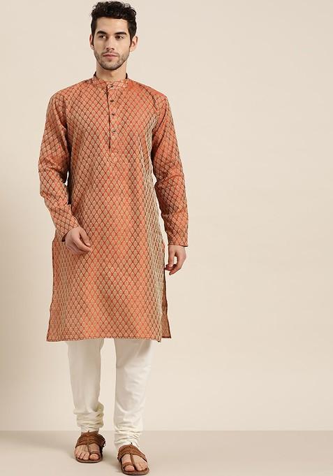 Rust Orange Woven Jacquard Kurta Set For Men