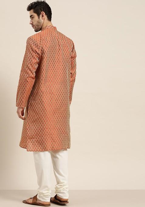 Rust Orange Woven Jacquard Kurta Set For Men