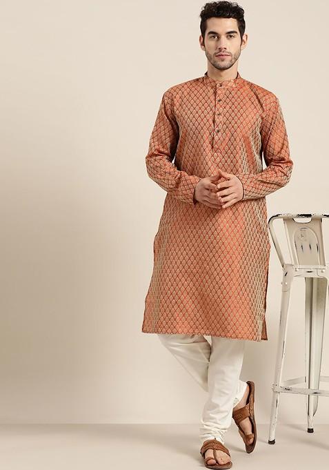Rust Orange Woven Jacquard Kurta Set For Men