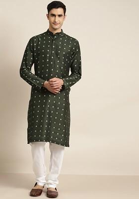 Green Woven Jacquard Kurta Set For Men