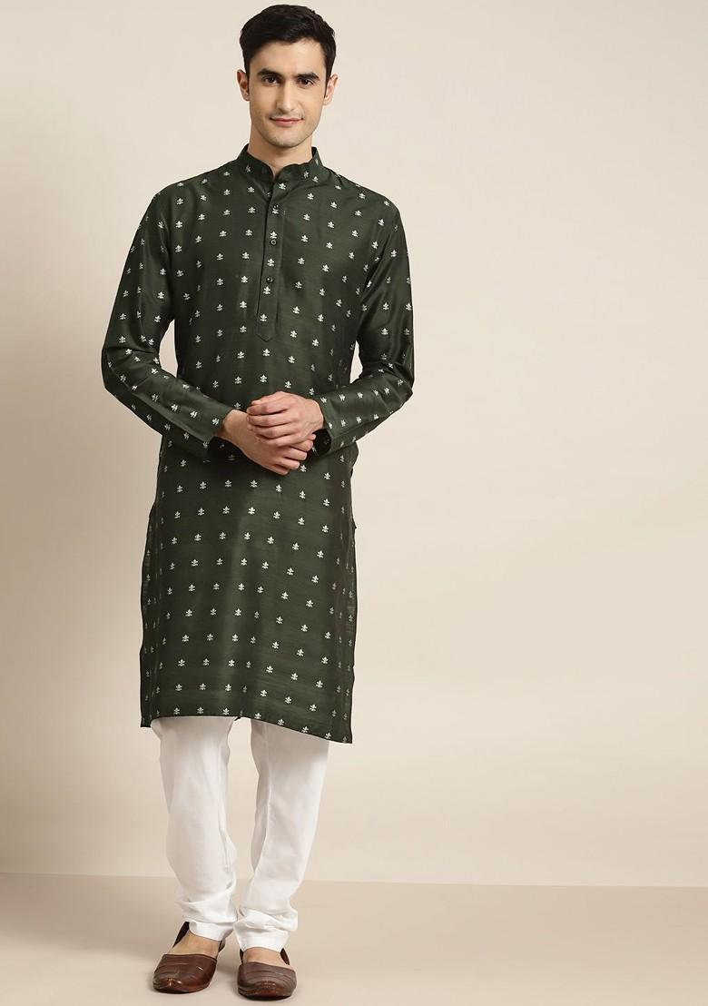 Green Woven Jacquard Kurta Set For Men