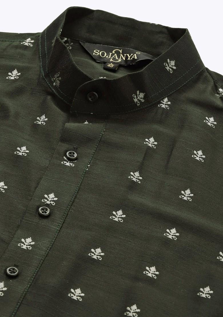 Green Woven Jacquard Kurta Set For Men