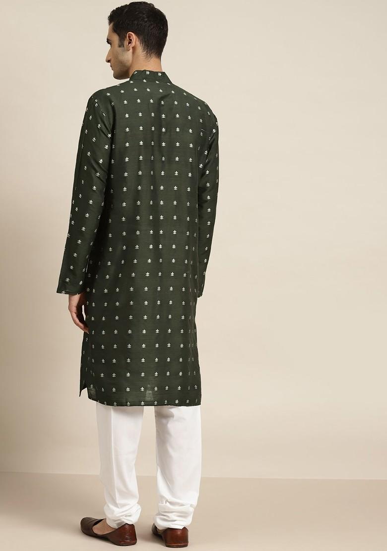 Green Woven Jacquard Kurta Set For Men