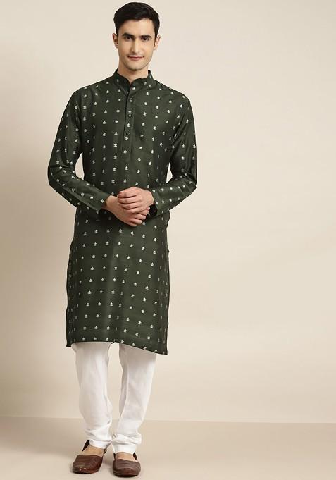 Green Woven Jacquard Kurta Set For Men