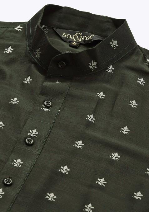 Green Woven Jacquard Kurta Set For Men