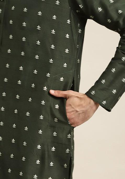 Green Woven Jacquard Kurta Set For Men