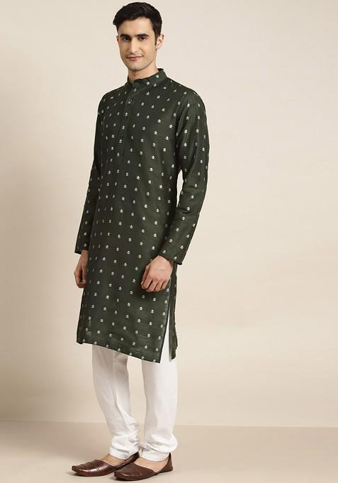 Green Woven Jacquard Kurta Set For Men