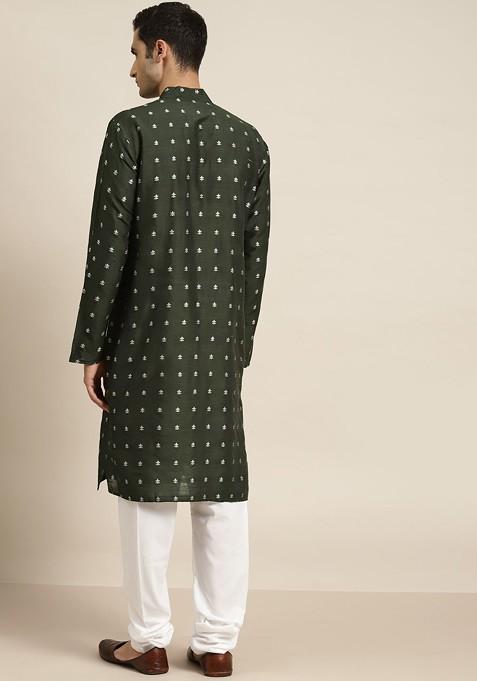 Green Woven Jacquard Kurta Set For Men
