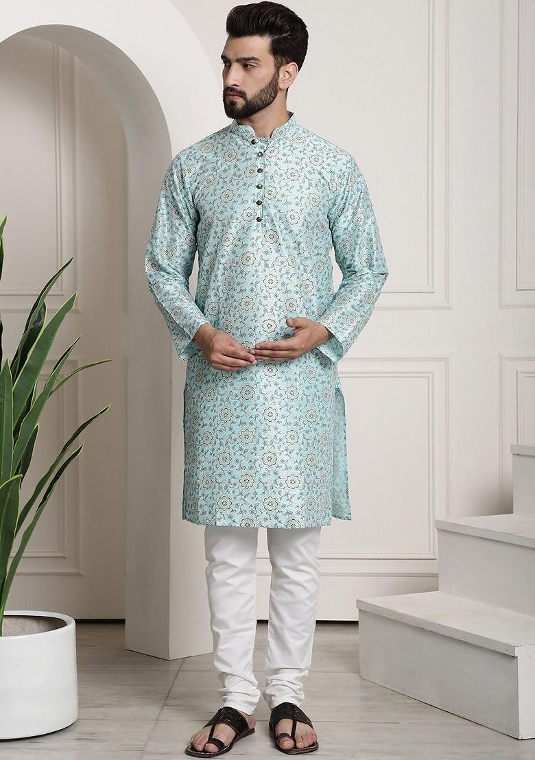 Sea Green Printed Poly Blend Kurta Set For Men