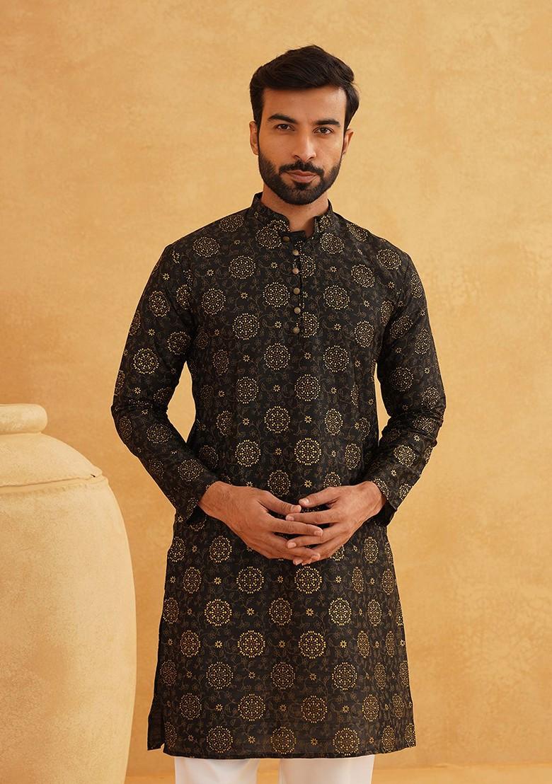 Black Printed Poly Blend Kurta Set For Men