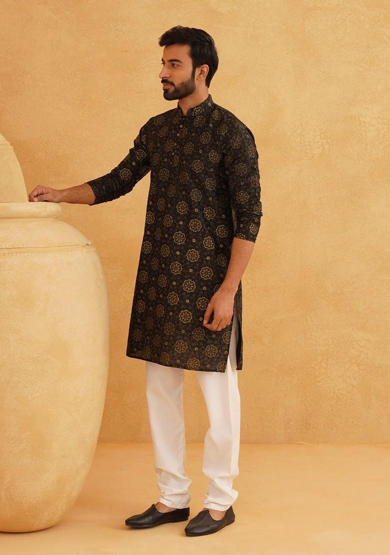 Black Printed Poly Blend Kurta Set For Men
