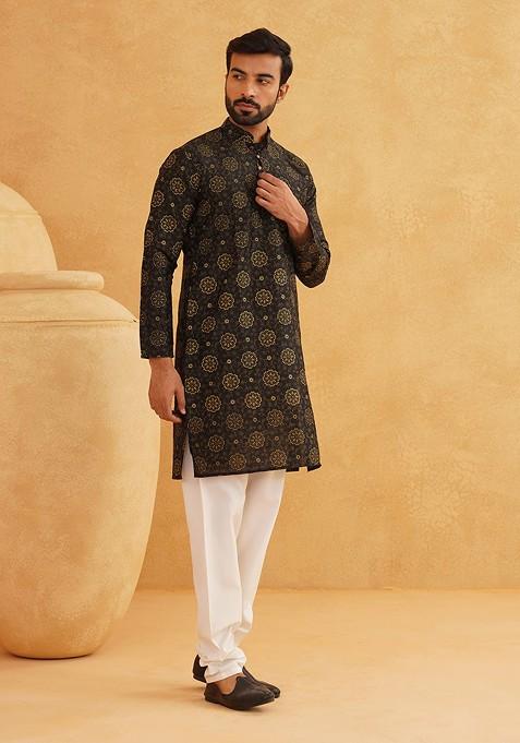 Black Printed Poly Blend Kurta Set For Men