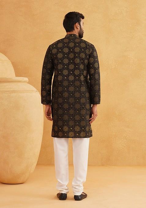 Black Printed Poly Blend Kurta Set For Men