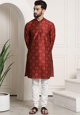 Maroon Printed Poly Blend Kurta Set For Men