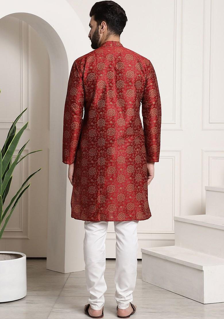 Maroon Printed Poly Blend Kurta Set For Men