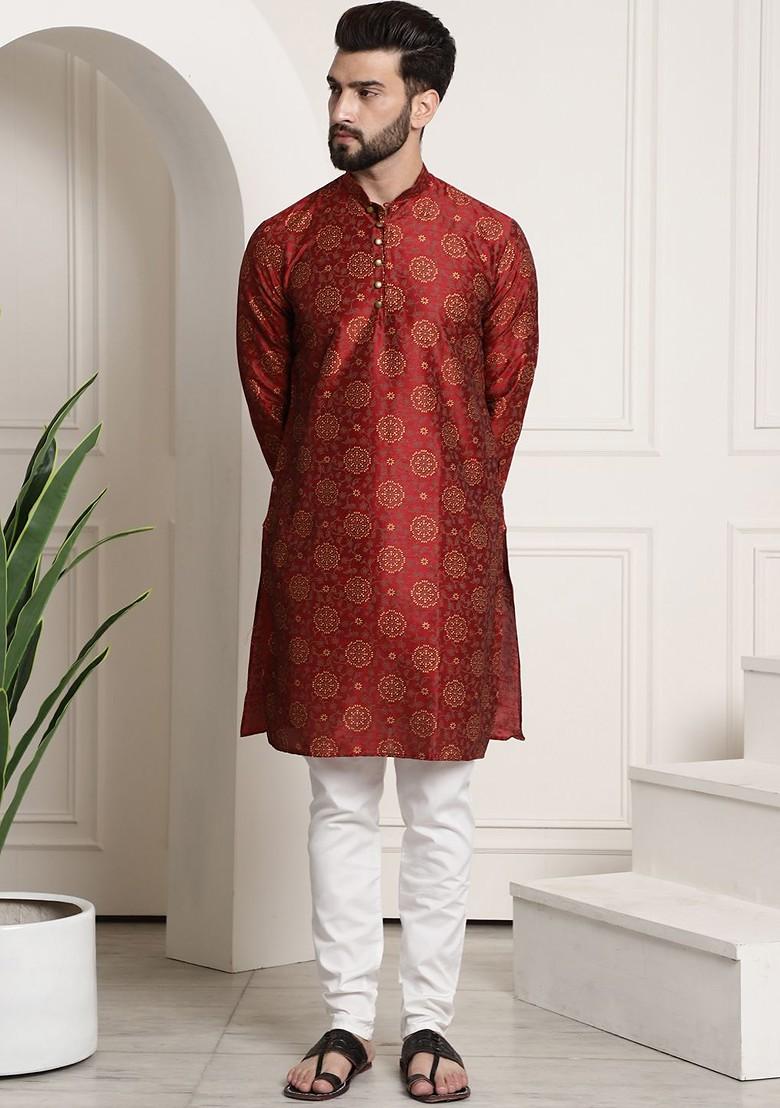 Maroon Printed Poly Blend Kurta Set For Men