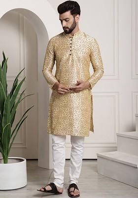 Beige Ethnic Motifs Poly Blend Kurta Set For Men