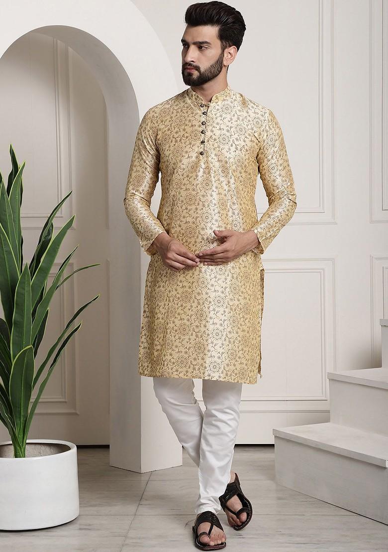 Beige Ethnic Motifs Poly Blend Kurta Set For Men