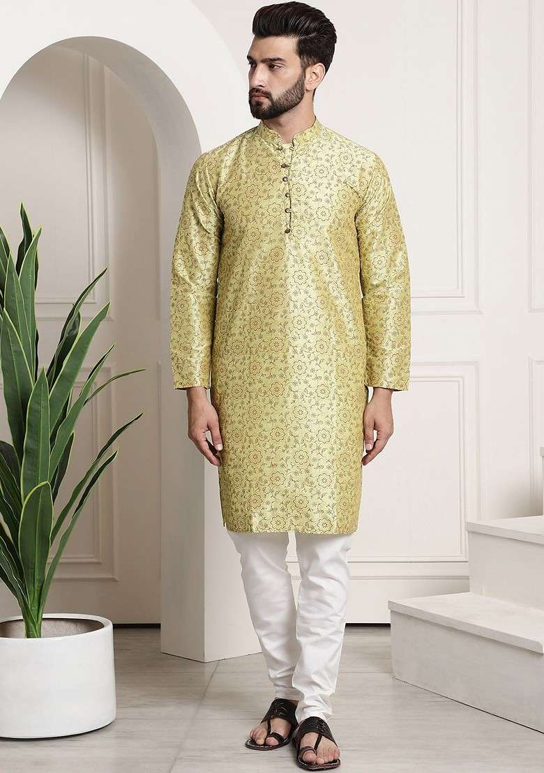 Green Printed Poly Blend Kurta Set For Men - Indya