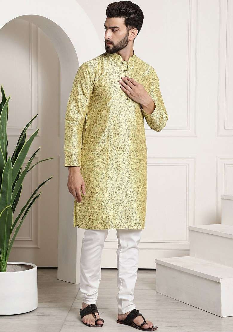 Green Printed Poly Blend Kurta Set For Men - Indya