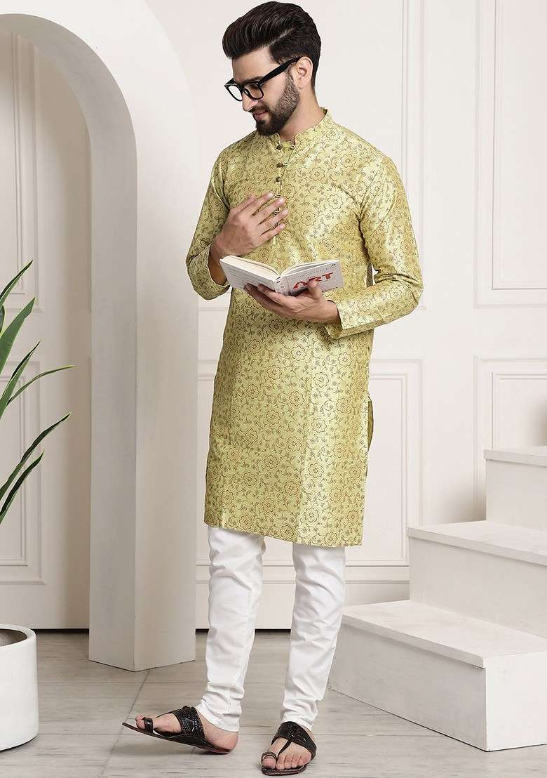 Green Printed Poly Blend Kurta Set For Men - Indya