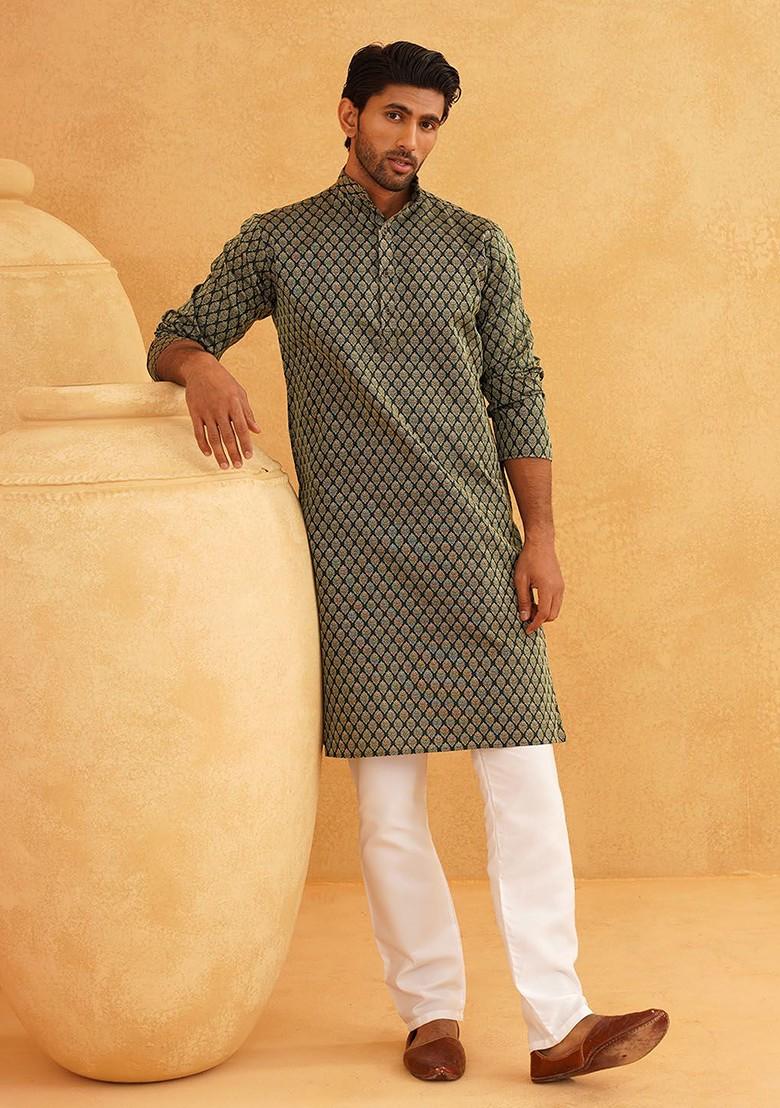 Green Woven Poly Blend Kurta Set For Men