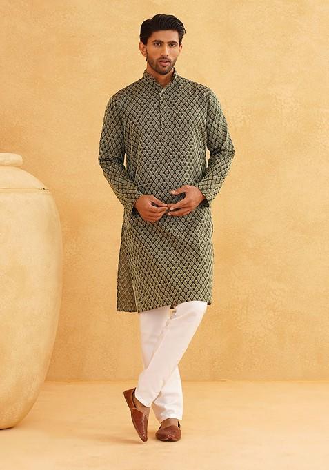 Green Woven Poly Blend Kurta Set For Men