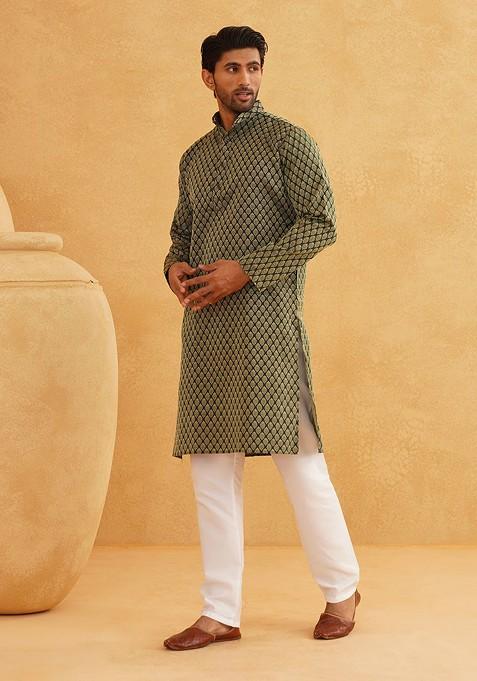 Green Woven Poly Blend Kurta Set For Men
