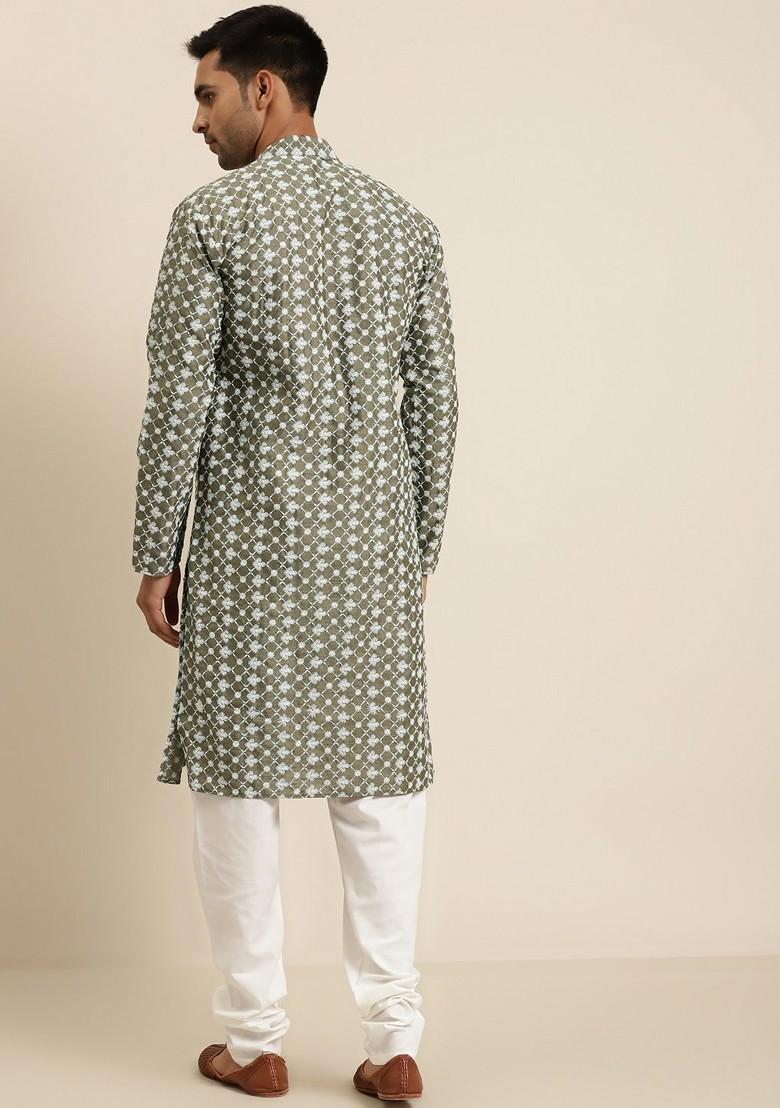 Olive Embroidered Poly Blend Kurta Set For Men