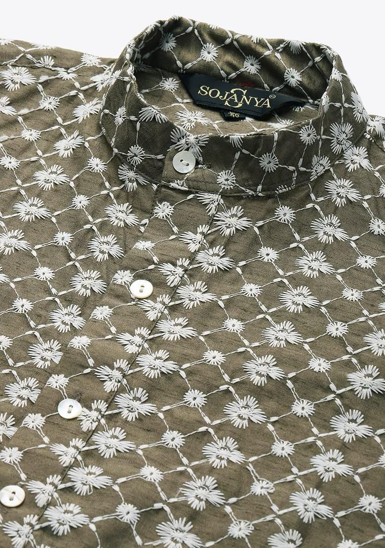 Olive Embroidered Poly Blend Kurta Set For Men