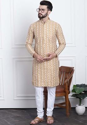 Beige Embroidered Poly Blend Kurta Set For Men