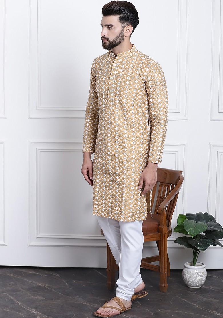 Beige Embroidered Poly Blend Kurta Set For Men