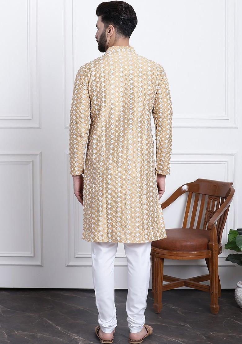 Beige Embroidered Poly Blend Kurta Set For Men
