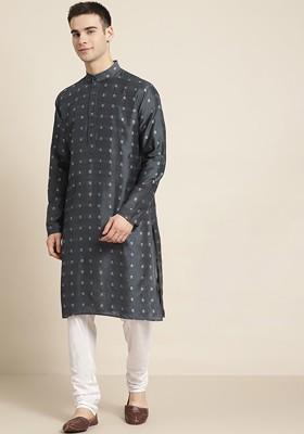 Charcoal Grey Solid Poly Blend Kurta Set For Men