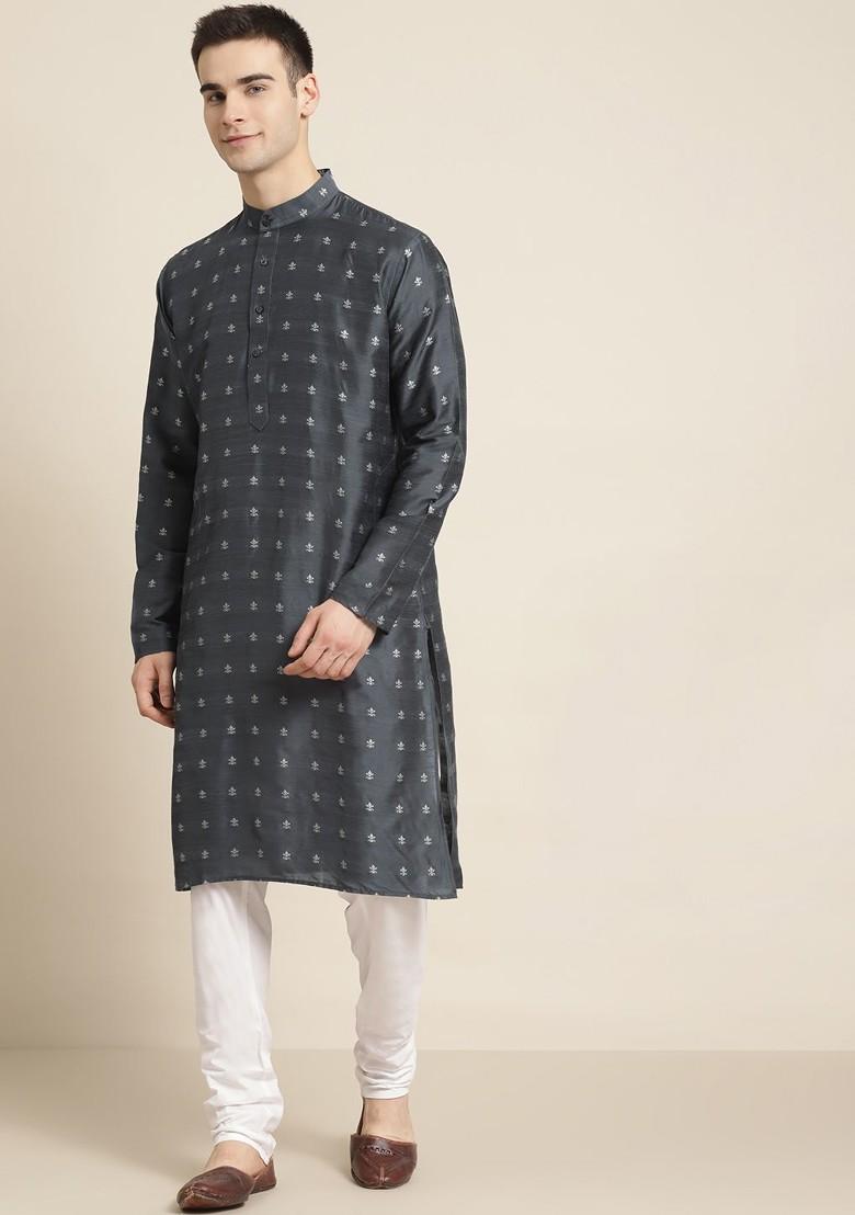 Charcoal Grey Solid Poly Blend Kurta Set For Men