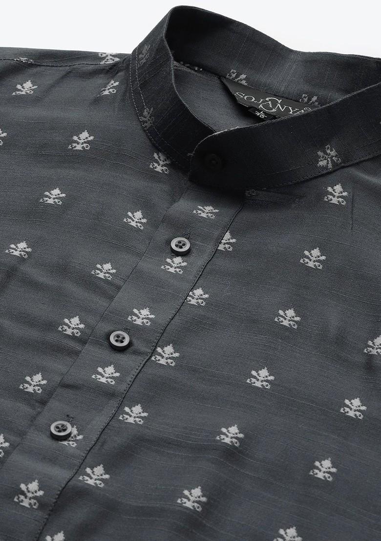 Charcoal Grey Solid Poly Blend Kurta Set For Men
