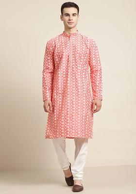 Coral Pink Embroidered Poly Blend Kurta Set For Men