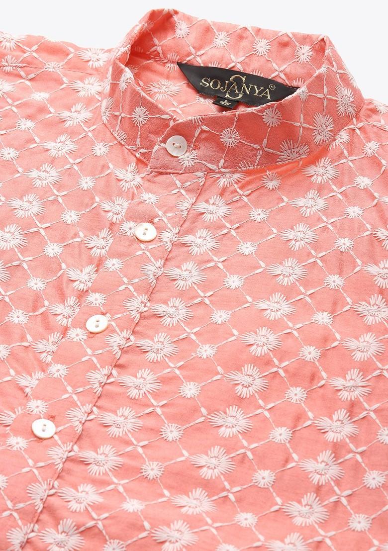 Coral Pink Embroidered Poly Blend Kurta Set For Men