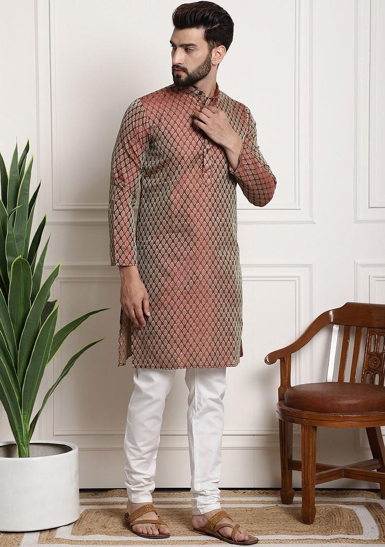 Maroon Woven Poly Blend Kurta Set For Men