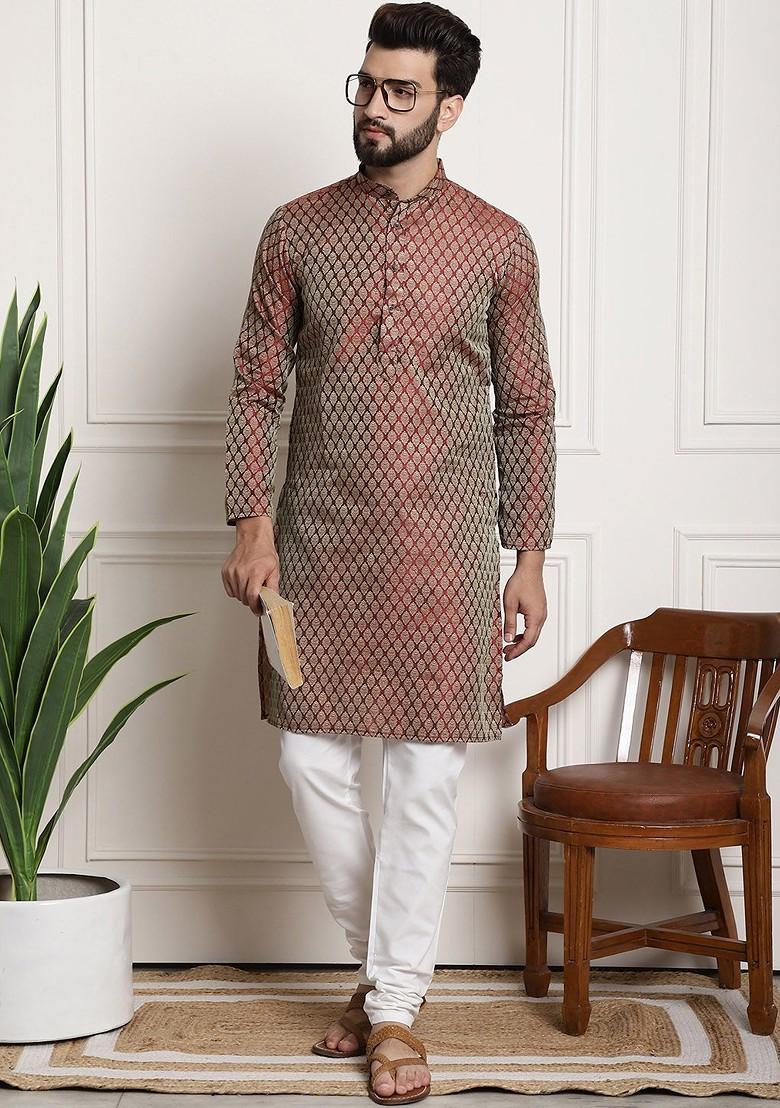 Maroon Woven Poly Blend Kurta Set For Men