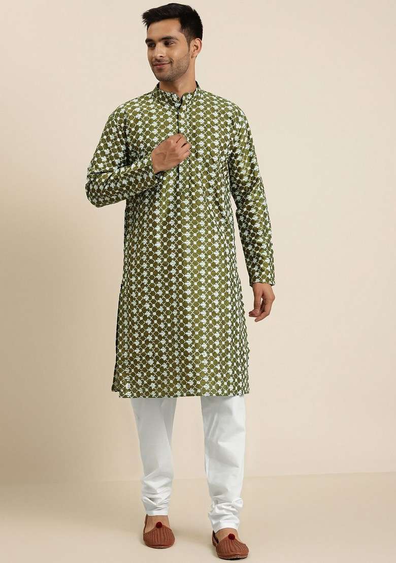 Olive Embroidered Poly Blend Kurta Set For Men - Indya