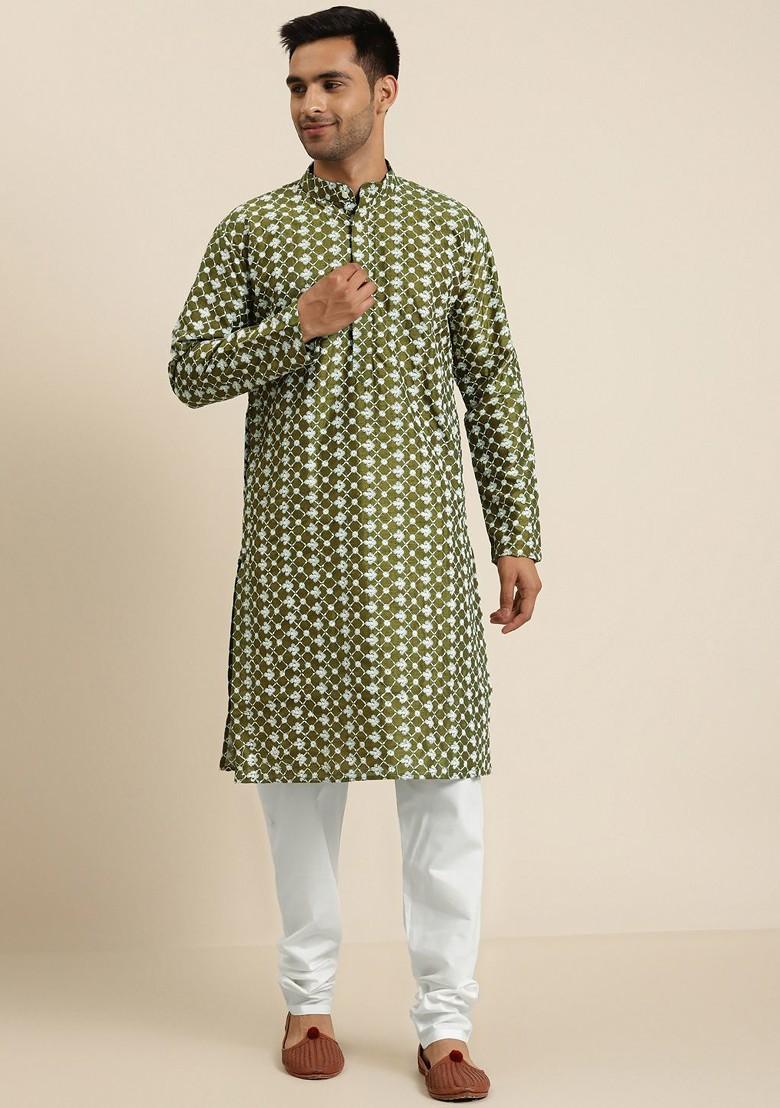 Olive Embroidered Poly Blend Kurta Set For Men