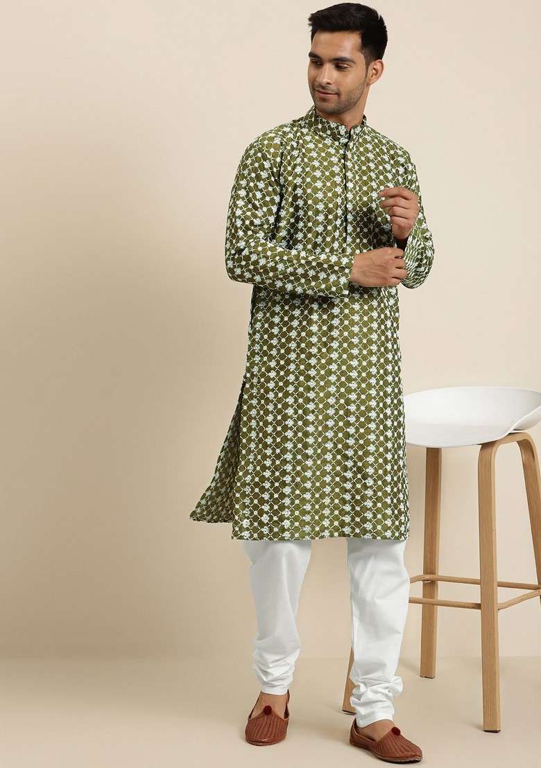 Olive Embroidered Poly Blend Kurta Set For Men - Indya