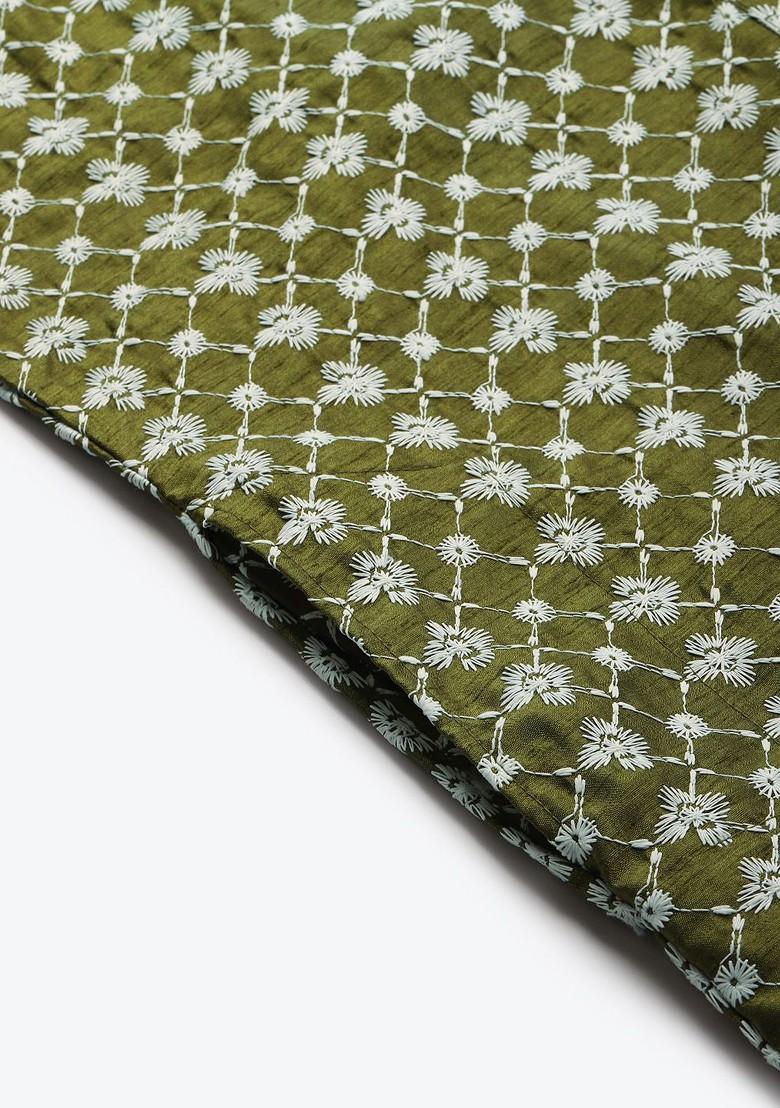 Olive Embroidered Poly Blend Kurta Set For Men