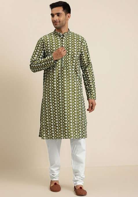 Olive Embroidered Poly Blend Kurta Set For Men