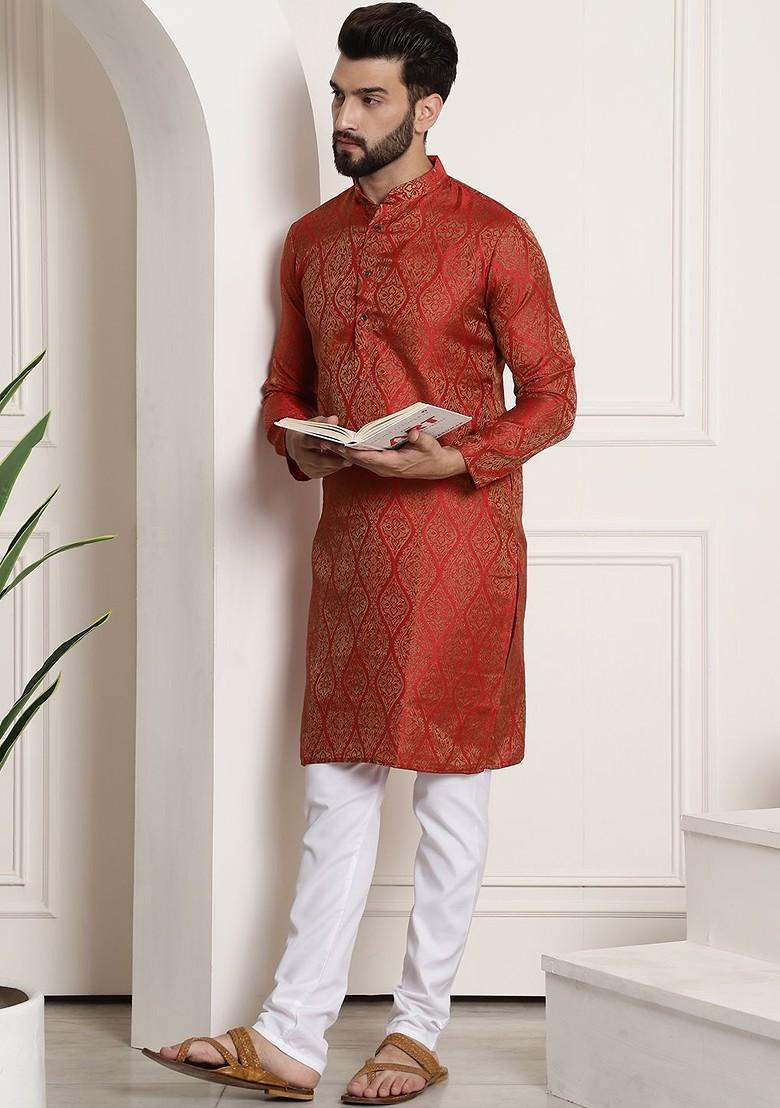 Rust Orange Woven Poly Blend Kurta Set For Men