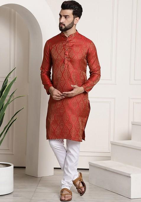 Rust Orange Woven Poly Blend Kurta Set For Men — view on Indya