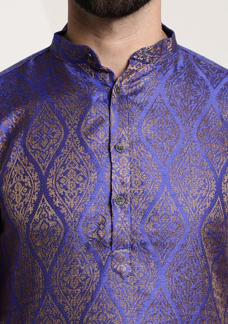 Blue Ethnic Motifs Poly Blend Kurta Set For Men