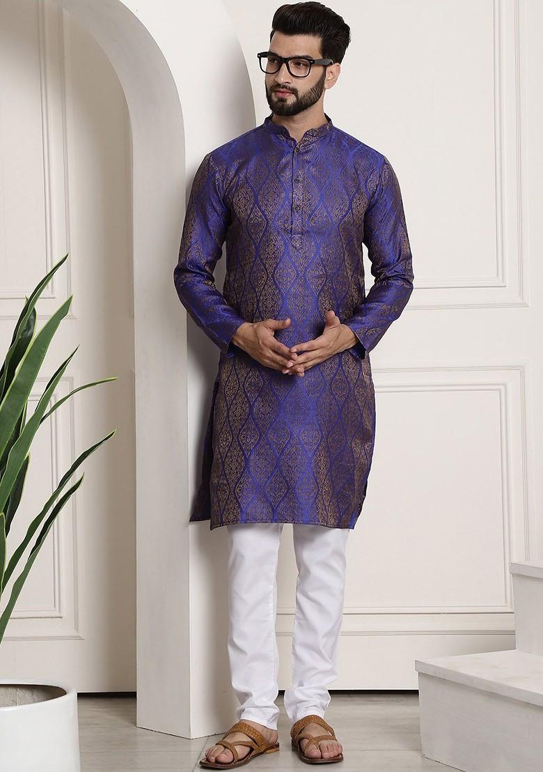 Blue Ethnic Motifs Poly Blend Kurta Set For Men