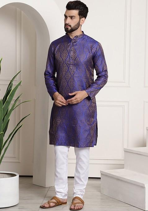 Blue Ethnic Motifs Poly Blend Kurta Set For Men